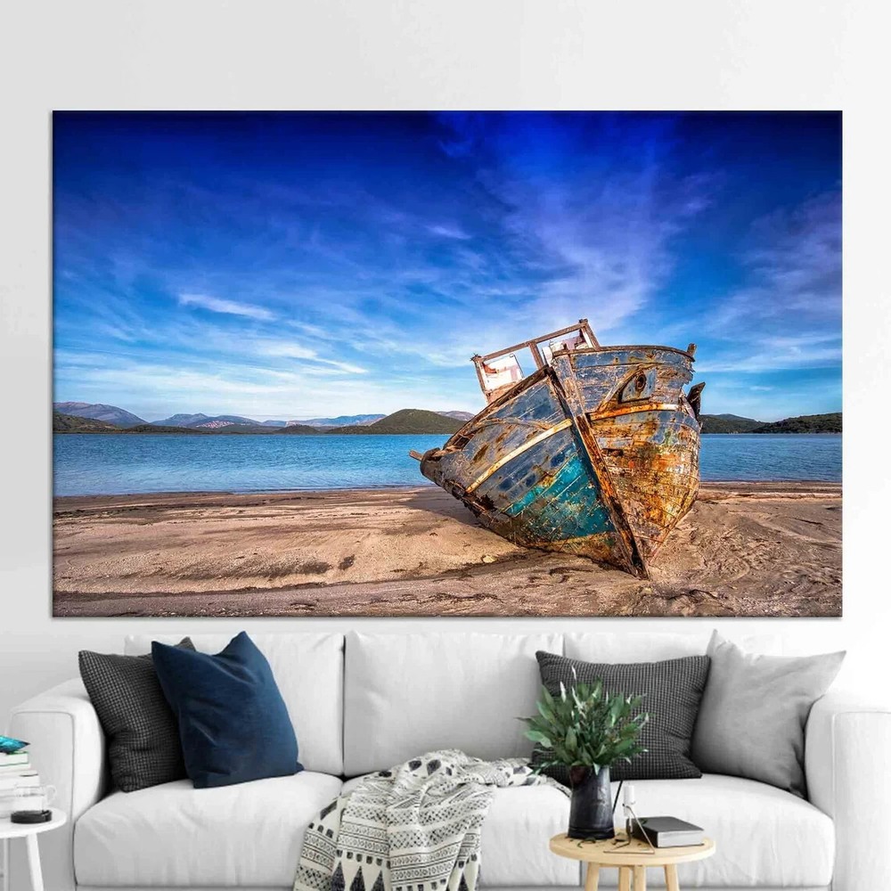 Blue View Old Boat on The Beach Paint Unframed Canvas Print Australian Wall Art