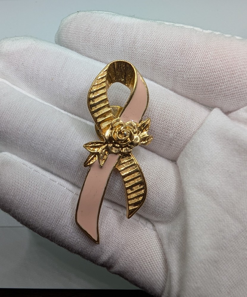 Pink Awareness Ribbon Gold Tone Rose Flower Enamel Lapel Pin