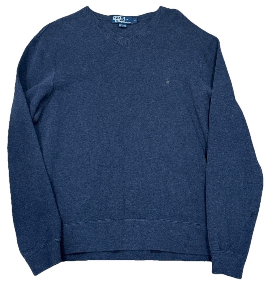 Vintage Polo Ralph Lauren V-Neck Sweater Cotton Navy Blue Men's Size Medium