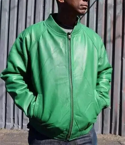 Men's Green Sheepskin Leather Bomber Jacket with Elastic Waist