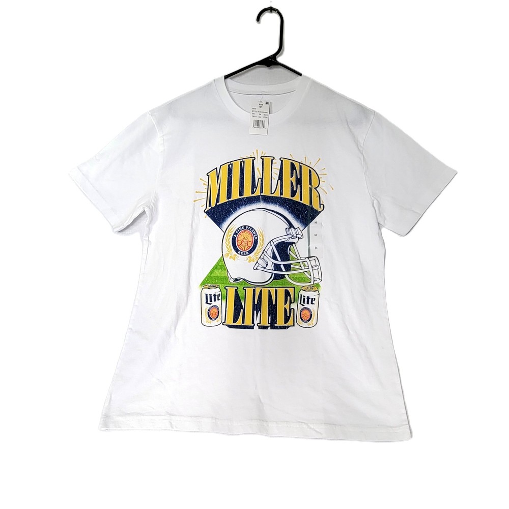 Miller Lite Football Graphic T-Shirt Mens Medium White Beer Promo Tee NWT