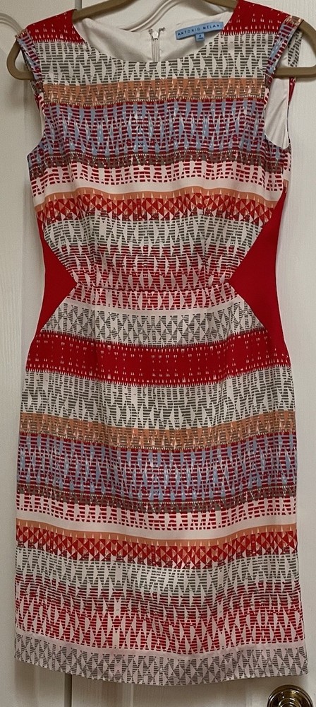 Antonio Melani Silky Red Geometric Print Lined Sleeveless Pencil Dress Size 2