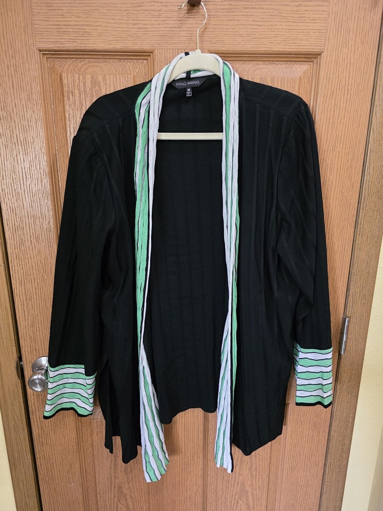 Ming Wang Cardigan Sweater Womens 3X Black Green Stripe Trim Open Front Knit