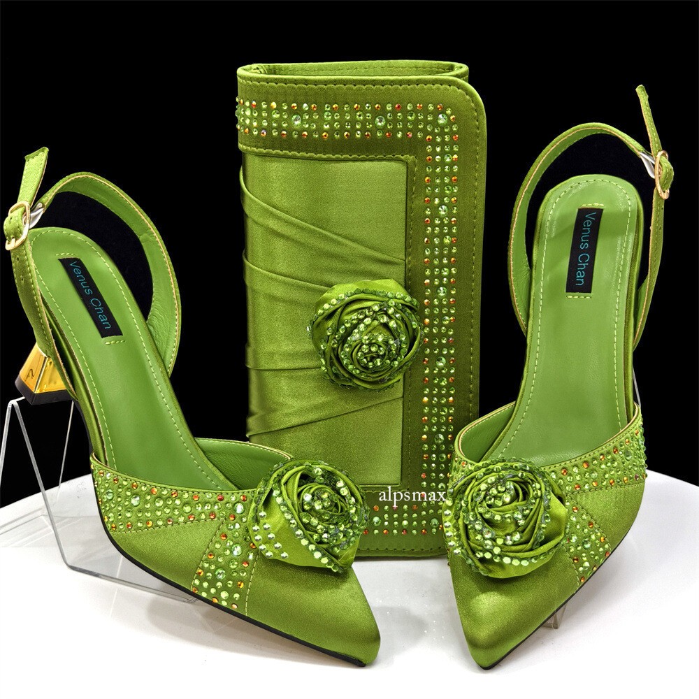 Pointed Toe High Heel Shoe Bag Set with Rhinestone Flower Design for Banquet