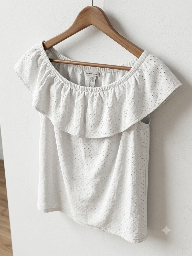 LUCKY BRAND Women's White Eyelet Off The Shoulder Ruffle Top Blouse Size Large