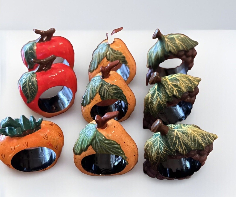 Vtg Fruit Napkin Rings Apple Grapes Pear Pineapple Table Decor Resin Set of 9