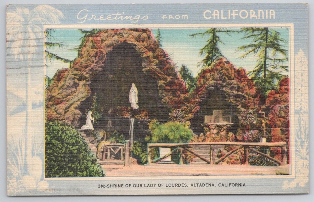 Shrine of Our Lady of Lourdes Altadena California Linen Postcard 1940s