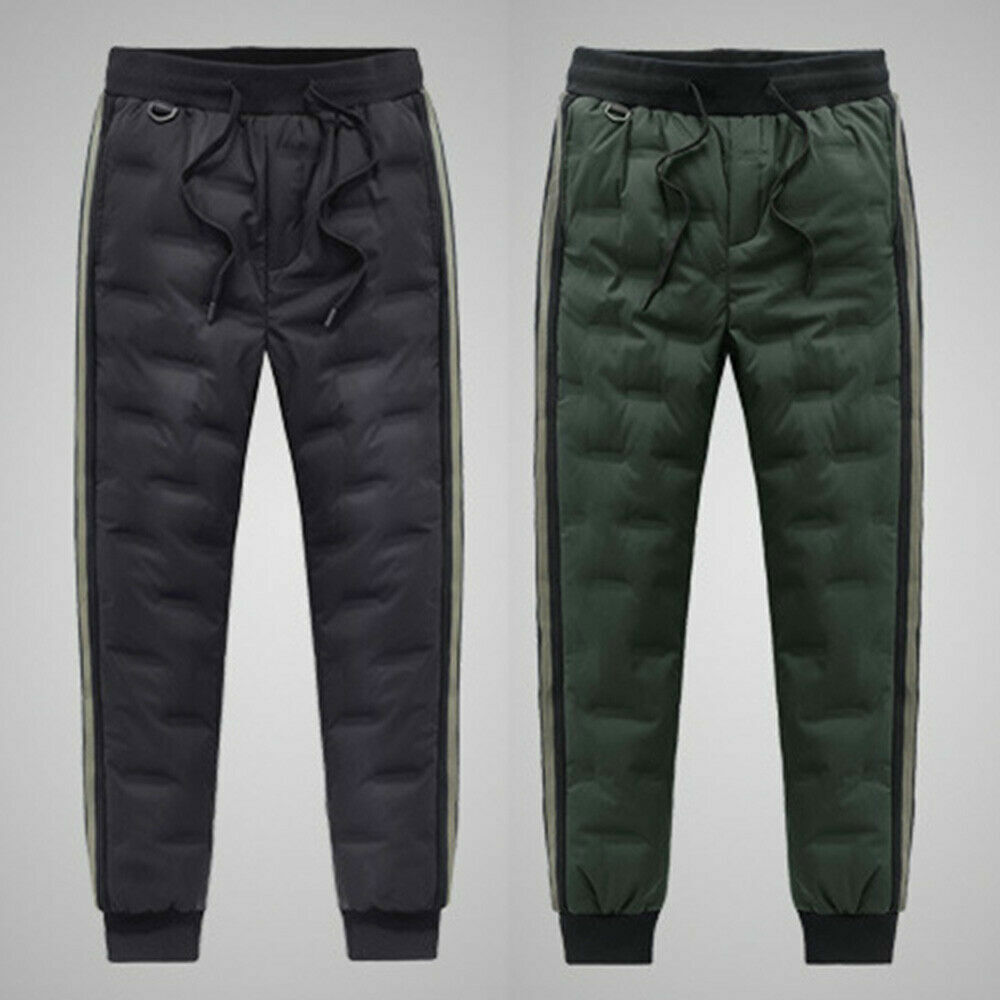 Mens Duck Down Tapered Padded Trousers Stripe Warmer Trouser Quilted Lined Pants