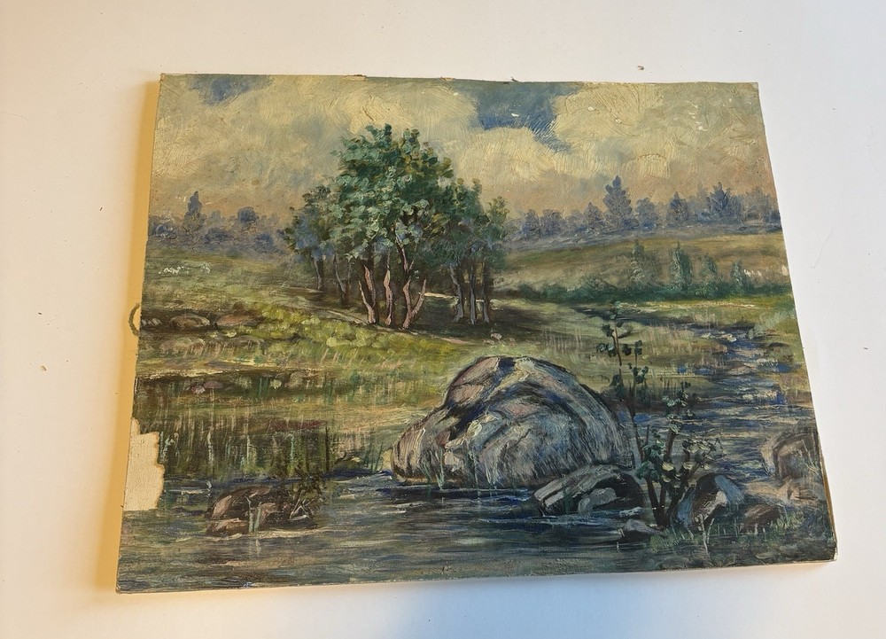 Original Vintage Landscape Oil Painting 13”x 10” with Peeled Chip