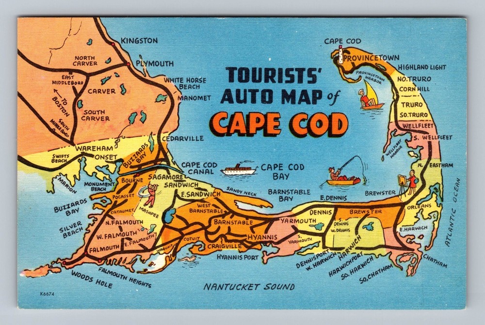 Cape Cod MA-Massachusetts Tourists Auto Map Vintage Postcard Standard Postal PC