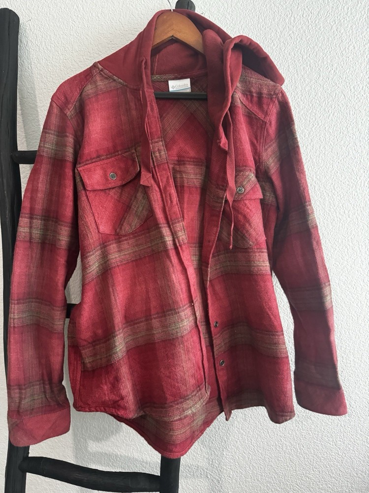 Columbia Red Plaid Flannel Hooded Button Up Collared Long Sleeve Shirt Women's M