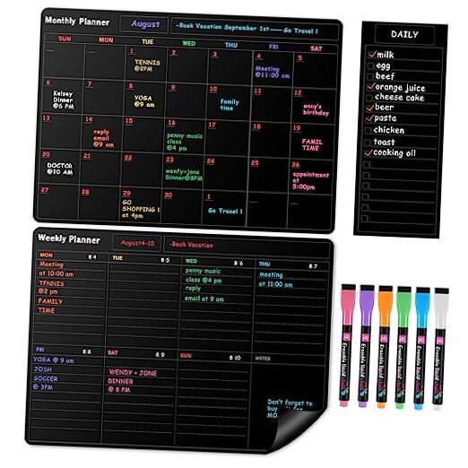 Fridge Black Whiteboard Calendar Set(3-Pack),1 Pcs Magnetic Monthly+weekly