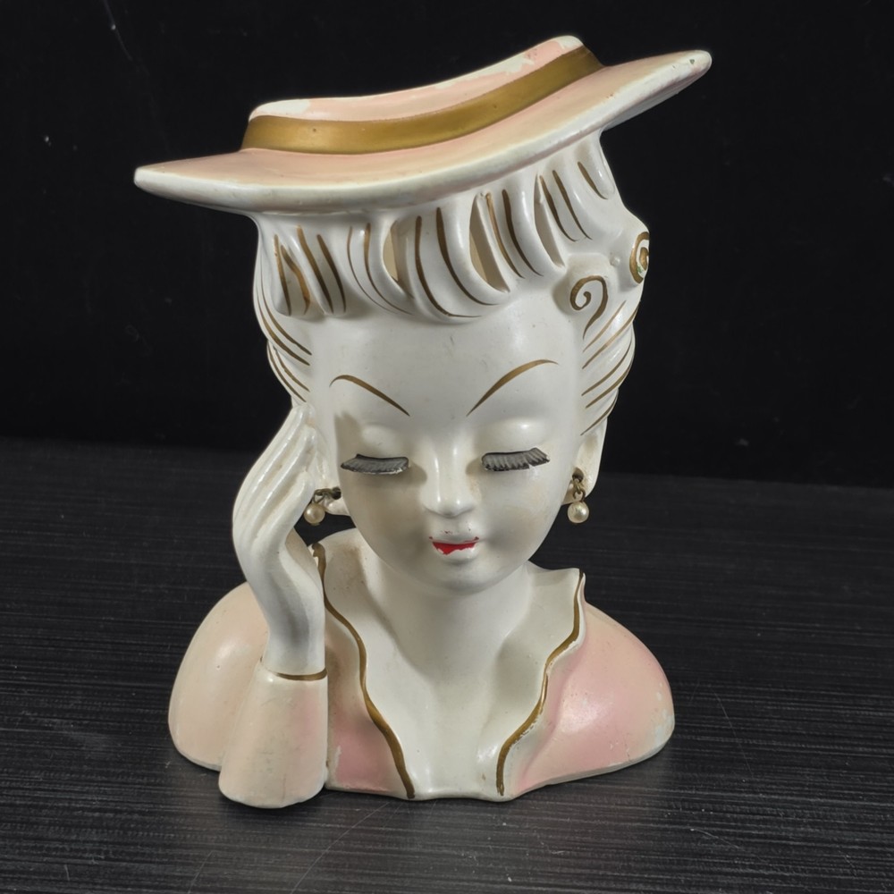 Vtg Tilso Japan Lady Head Vase Planter Ceramic Bust w/ Hat Pearls Eyelashes 6