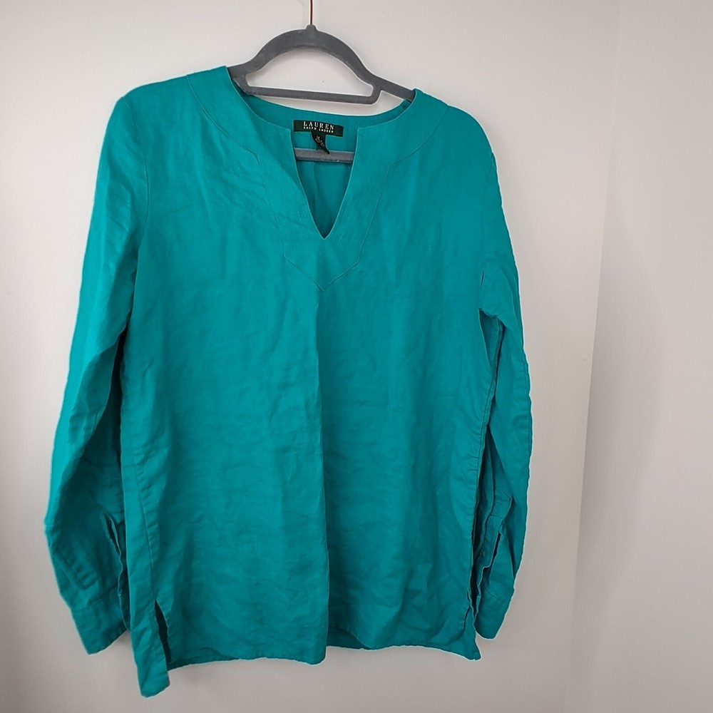Lauren Ralph Lauren Womens Top Medium Aqua Teal Linen Tunic Long Roll Sleeve Top