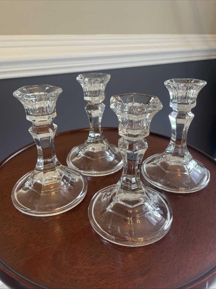 Clear Glass 4.5 Inch Candlestick Holders Taper Design. Set Of 4