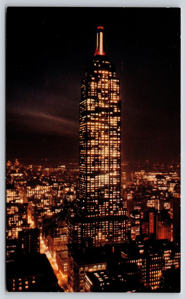 New York City~Air View Empire State Building At Night~Vintage Postcard