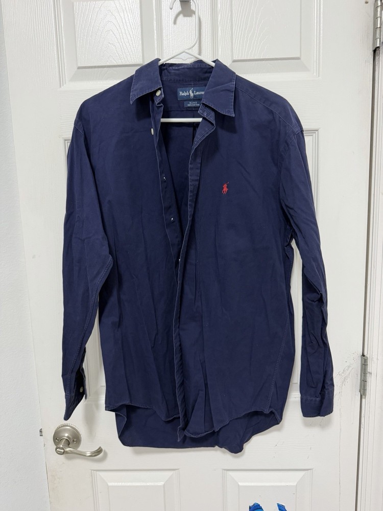 Ralph Lauren Blake Shirt Mens Small Navy Blue Red Pony Button Front 100% Cotton