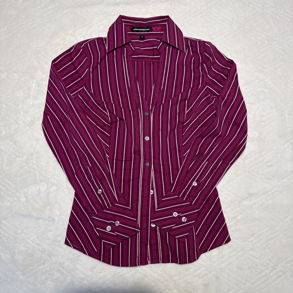Express design studio V Neck button shirt, Womens Size XS Dark Pink/White Stripe