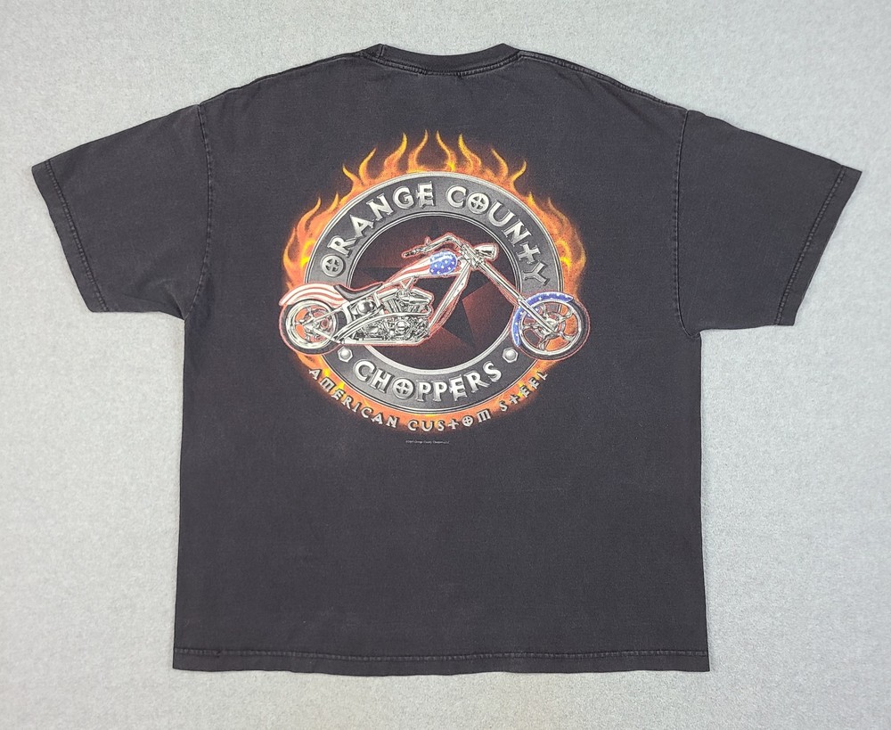 Vintage Orange County Chopper Fire Bike Mens T-Shirt 2XL Black Double Sided Y2K