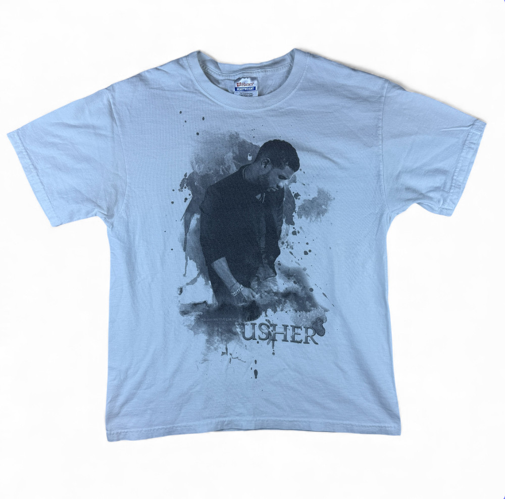 Usher OMG Tour T Shirt M 2010 White Black Heavyweight Hanes Cotton Water Color