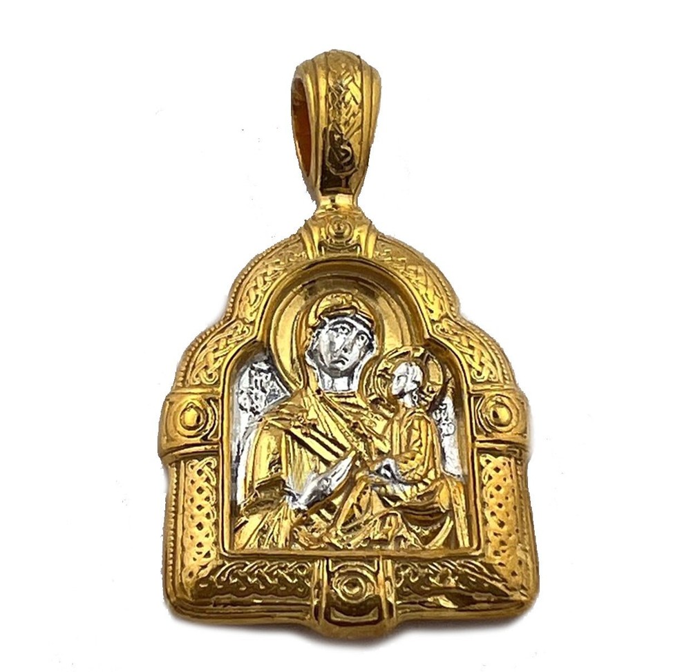 Virgin Mary and Child Hediotera Byzantine Orthodox Icon Pendant 925 Silver 24k G