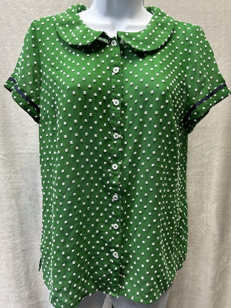 ModCloth Green White Polka Dot Collared Button-Up Short Sleeve Blouse Women’s M