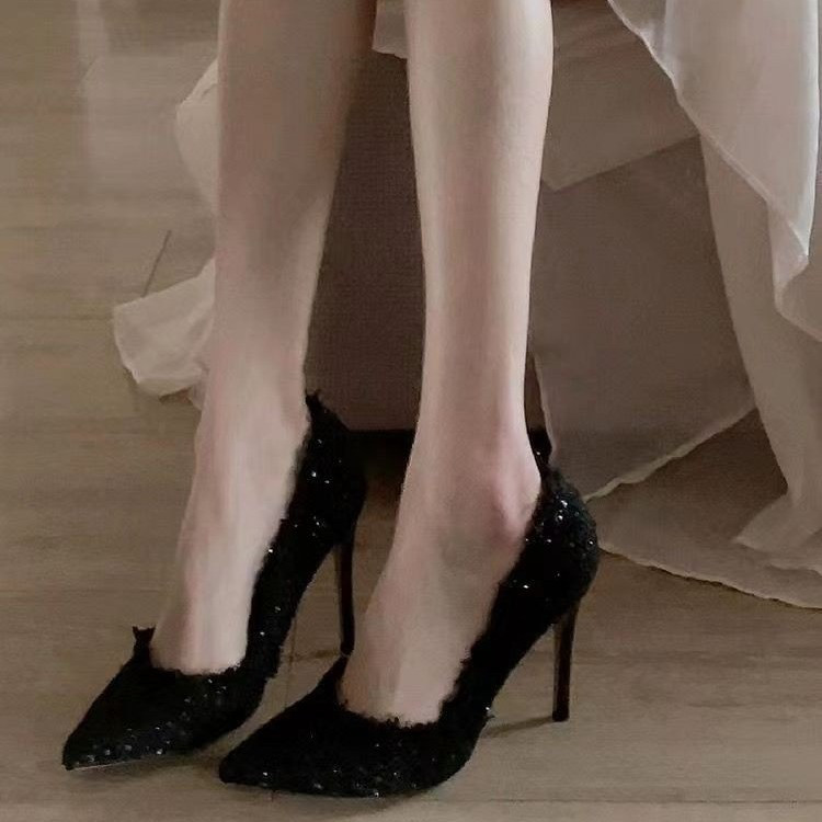 Women's Tweed Frayed Pointy Toe Stiletto Heel Pump Slip-On Shoes