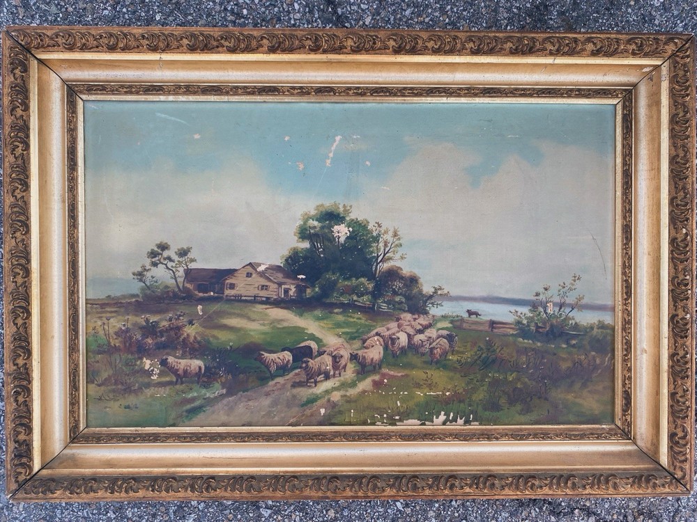 Vintage Antique Nailhead Trim Sheep Oil Painting Farmhouse Framed Gold Frame
