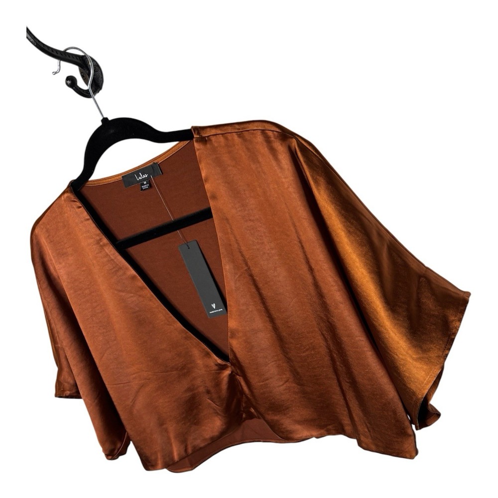 Lulus Copper Satin Short Sleeve Crop Blouse Women’s Size M Deep Plunging V-Neck