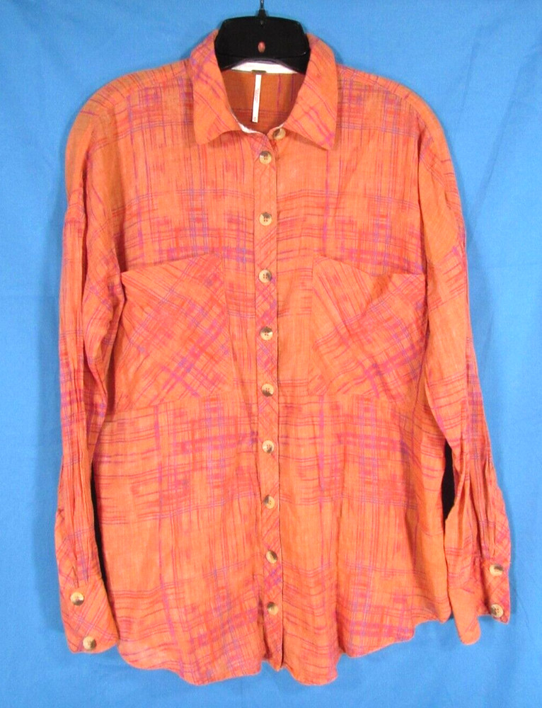WE THE FREE PEOPLE Orange Plaid SHORE VIBES Button-Up Shirt/Top SWING BACK HEM M