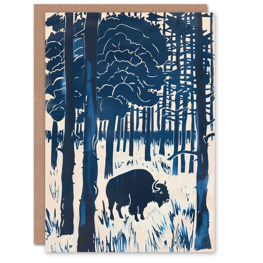 Greeting Card Bison Grazing in Forest Blue Landscape Painting Birthday