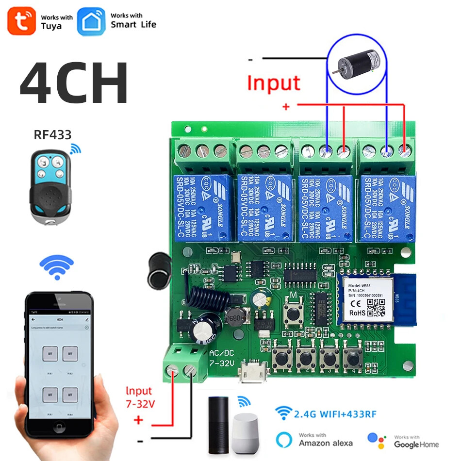 Wifi Smart Home Motor Controller,4Channel Relay Switch for Alice Tuya Smart Life