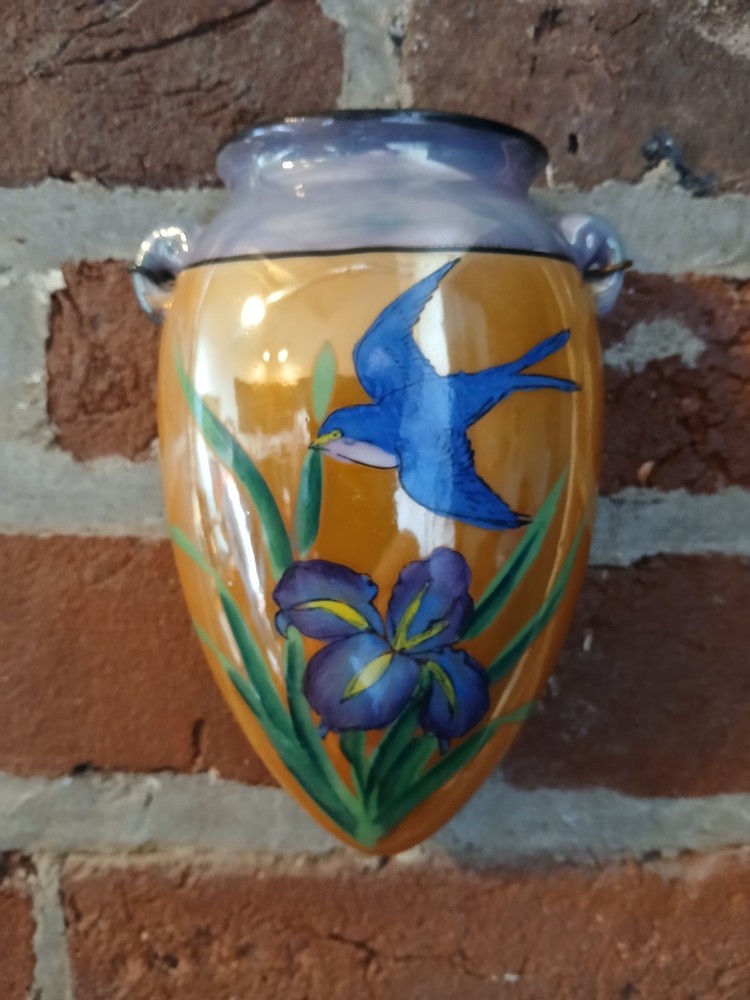 Vintage Ceramic Lusterware Wall Pocket Bird Floral In Japan Hand Painted