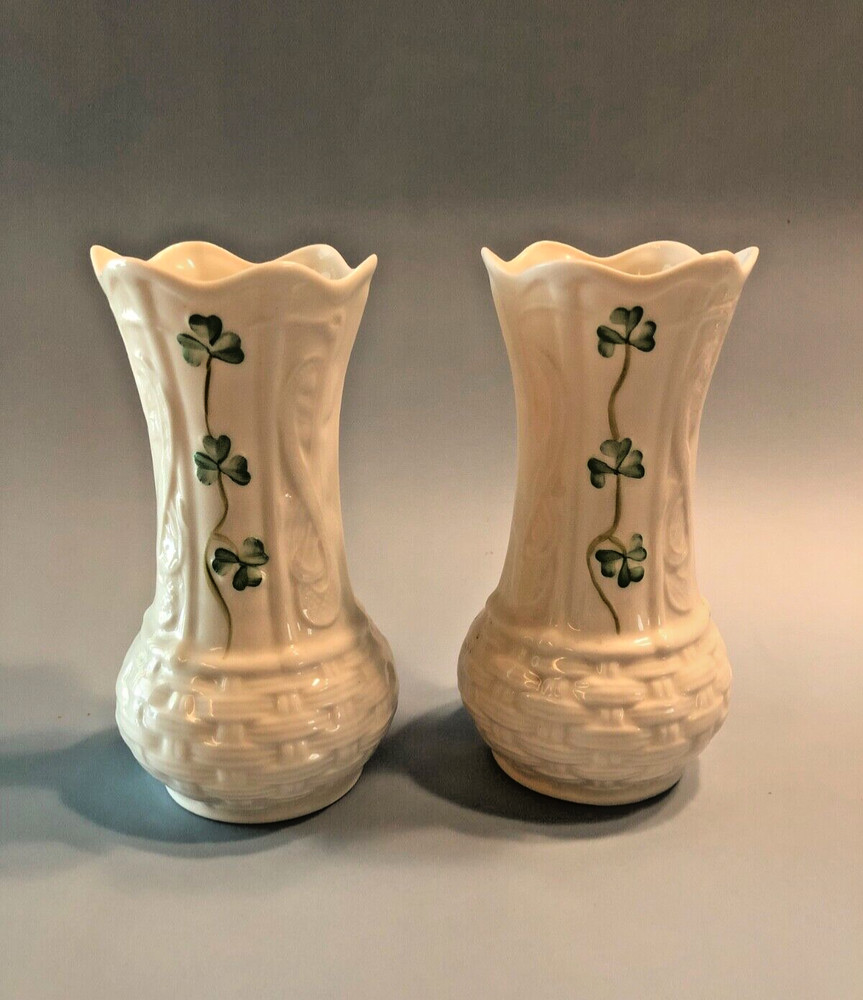 TWO Belleek Shamrock Vases Basket Weave 5.5” Perfect Condition! 11th green mark