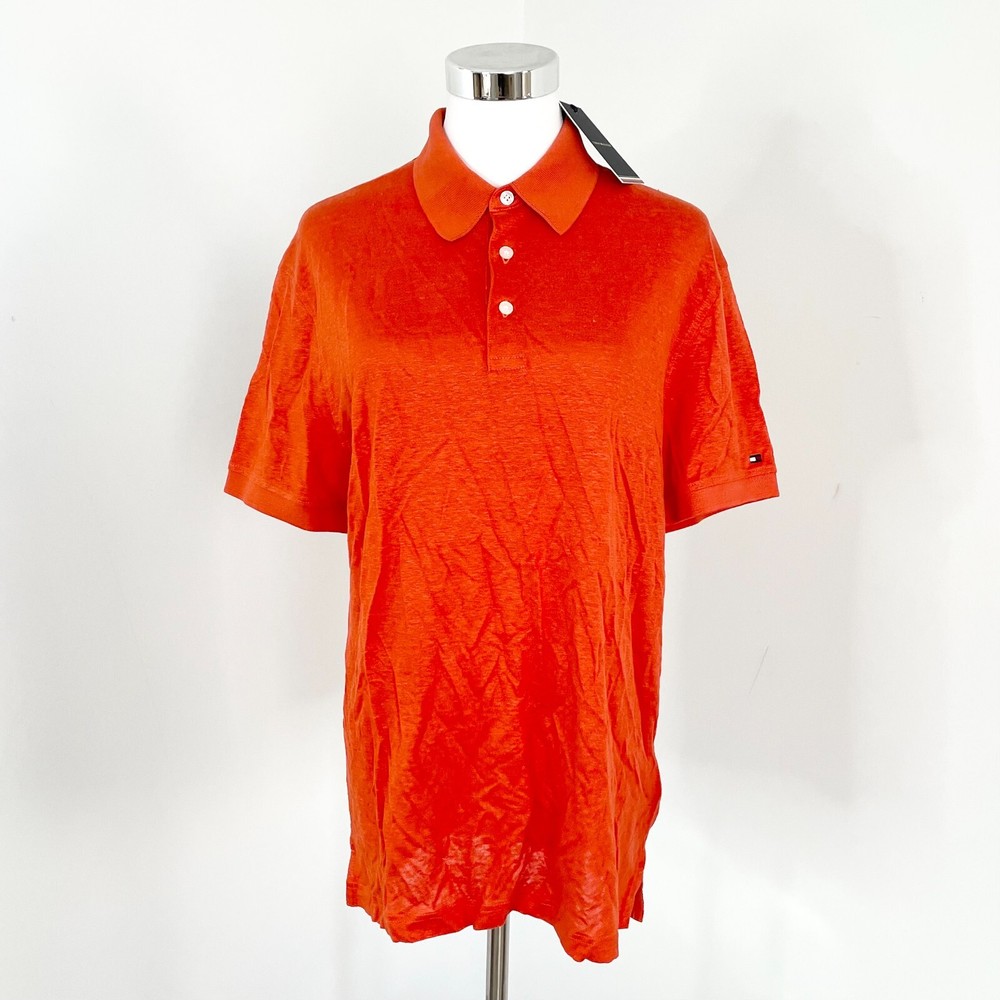 Tommy Hilfiger DC Linen Polo Mens M Florence Orange Short Sleeve Regular Fit New  