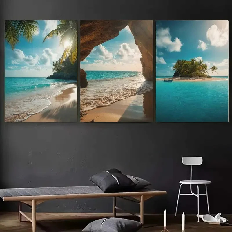 3pcs Palm Trees Blue Ocean Sandy Beach Clear Sky Metal Print Ready to Hang Art