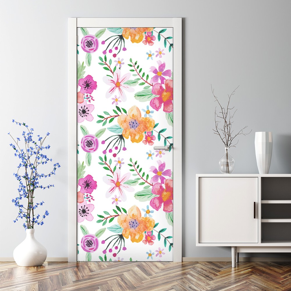 Alternative Floral Bubble Free Colourful Botanical Drawing Wallpaper Door Decal