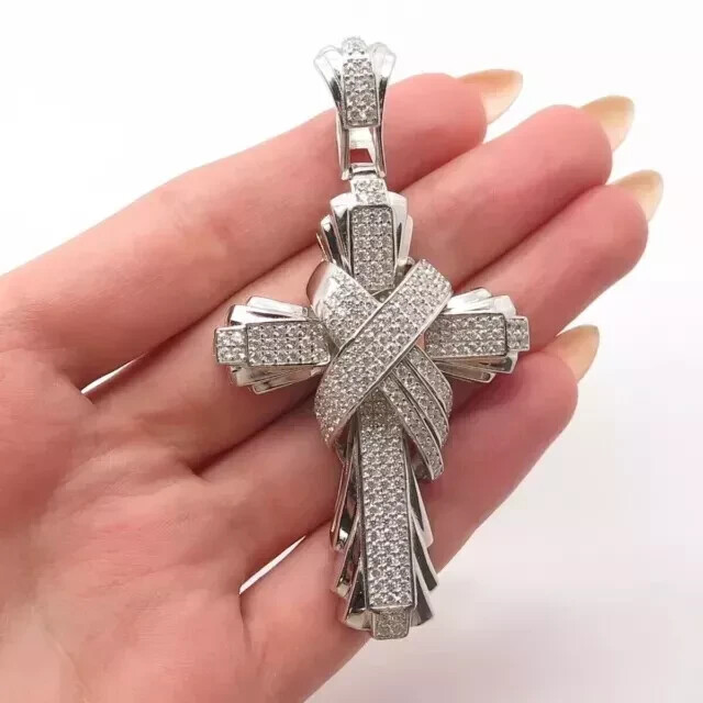 4.20Ct Round Cut Natural Moissanite Cross Pendant 14k White Gold Plated Silver