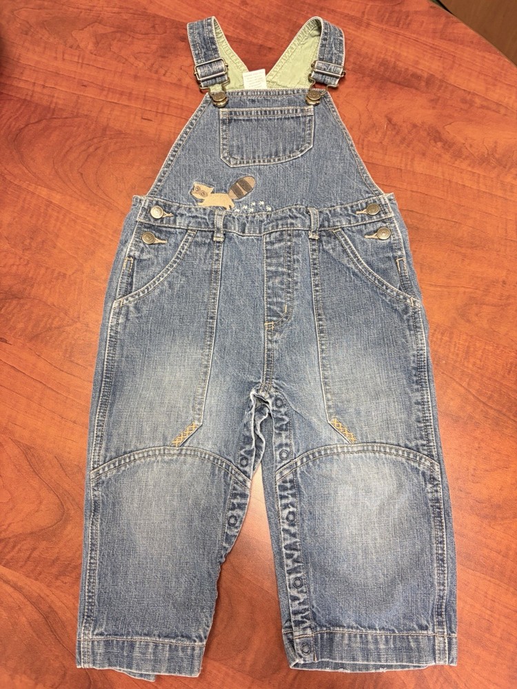 Vintage Gymboree Embroidered Raccoon Denim Overalls Y2K 2005 Size 18-24 Months