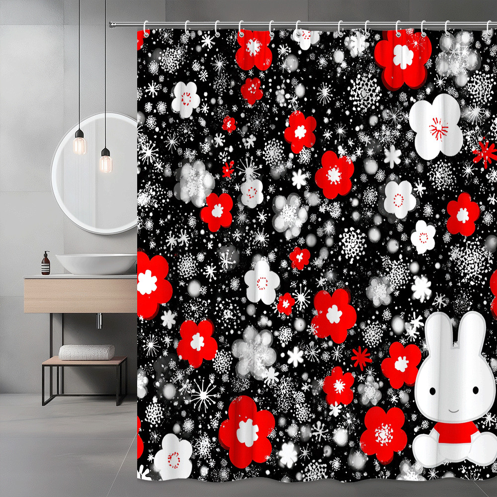 Black Red White Floral Bunny Shower Curtain Graphic Print
