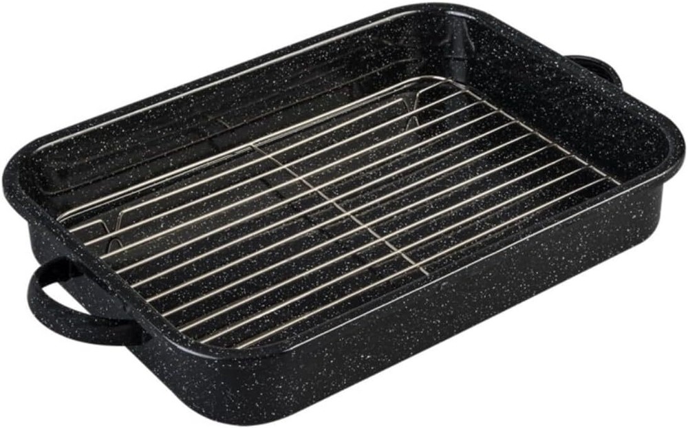 Speckled Black Open Roasting Pan with Flat Rack Holds 25 lbs  -image
