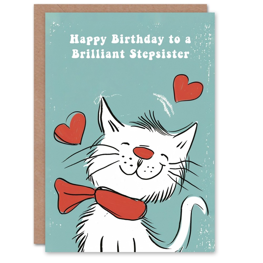 Stepsister Happy Birthday White Cat In Scarf Drawing Love Hearts Greeting Card