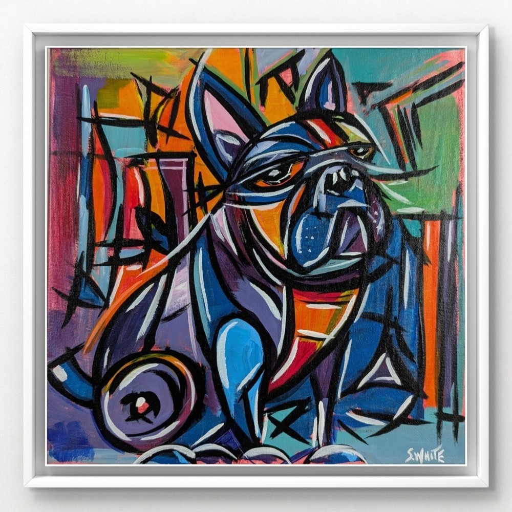 SWhite Neo Expressionist Abstract Bulldog 12x12 Original Signed Canvas Art