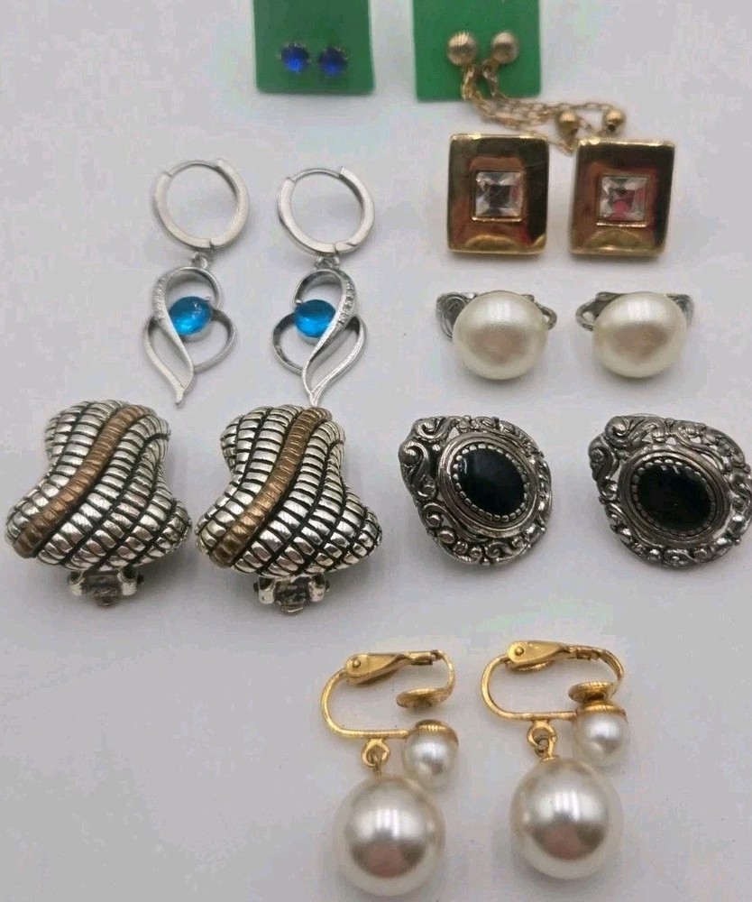 Vintage Earrings Lot 7 Pairs Mixed Stud Clip Dangle Pearl Rhinestone Gold...