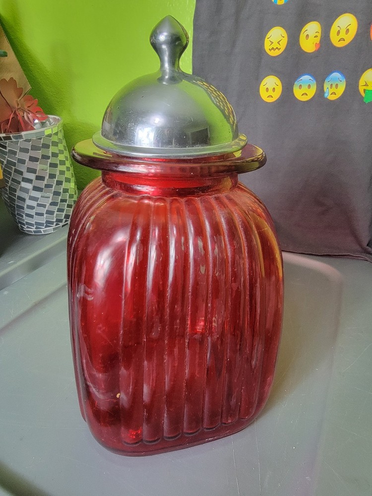 Vintage Artland Painted Red Ribbed Glass Kitchen Canister Jar w Lid Large