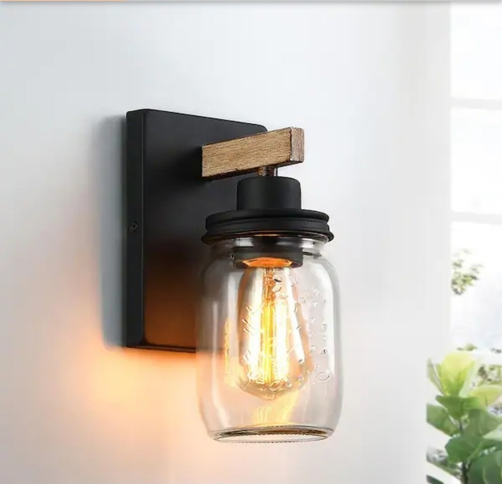TRUE FINEEliton 1-Light Black/Wood Tone Rustic Farmhouse Wall Sconce with Clear