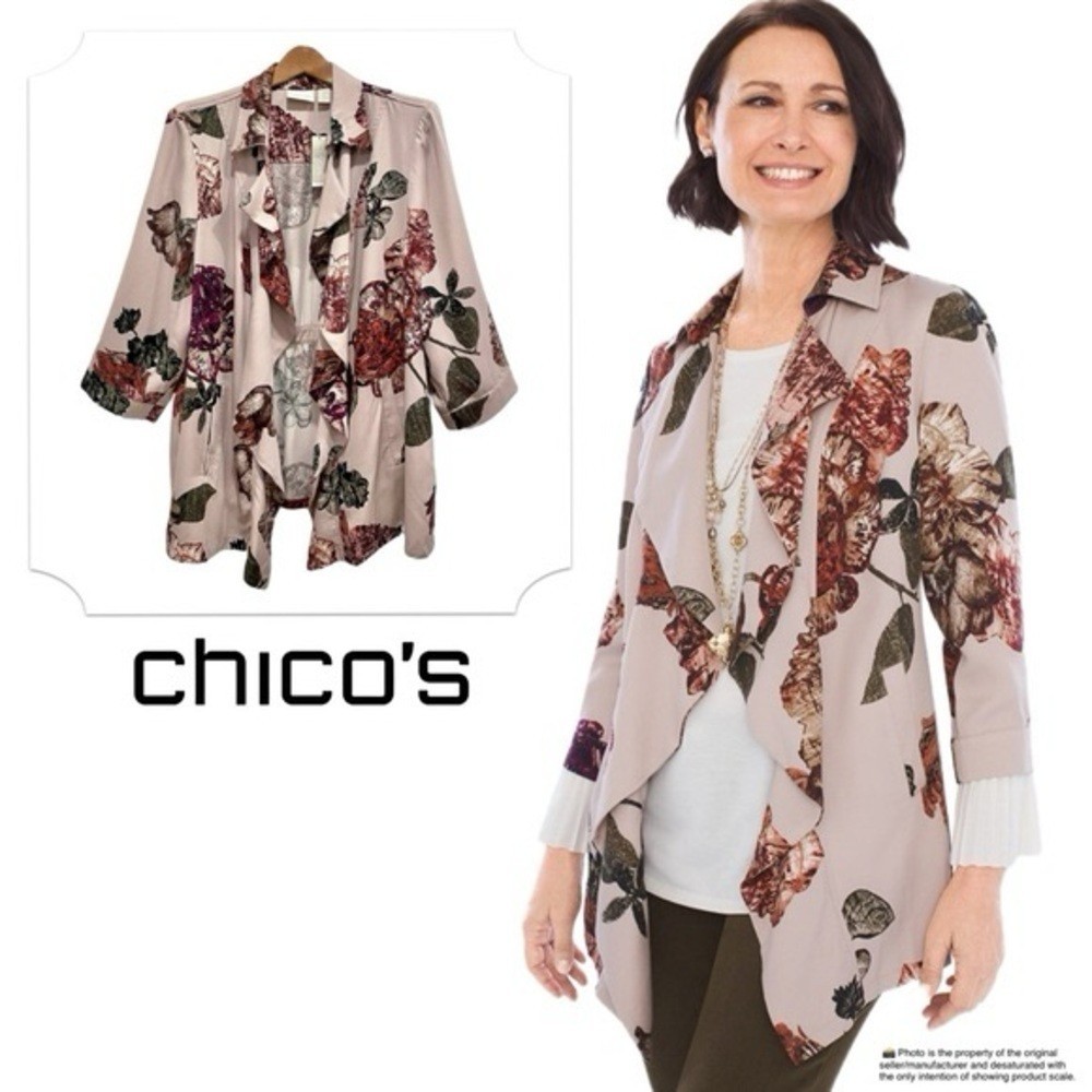 Chico’s Dusty Rose Pink Open Draped Jacket Gathered Back Pockets Size 2 Large 12