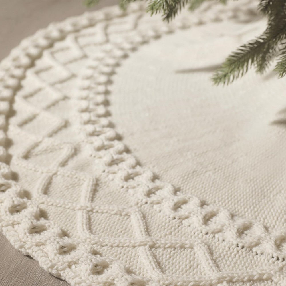 White Knit Tree Skirt, 48 Inch Cream Knit Christmas Tree Skirt Ivory Cable Kn...