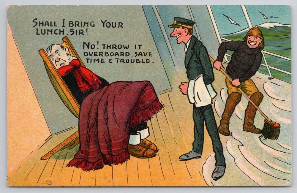 Edwardian Humorous Seasick Man Ocean Voyage Comic Postcard Queenstown