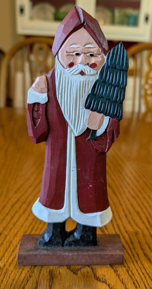 Primitive Hand Carved & Painted Wood Folk  Art Kitch Santa Christmas Tree 8.5”